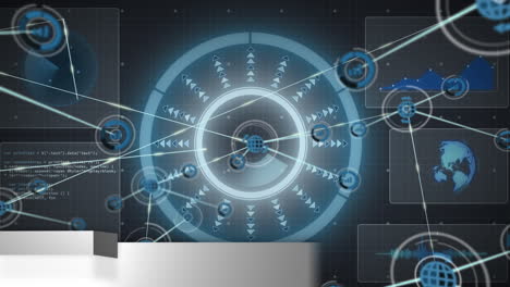 animation of news text with globe, scope, icons and network of connections