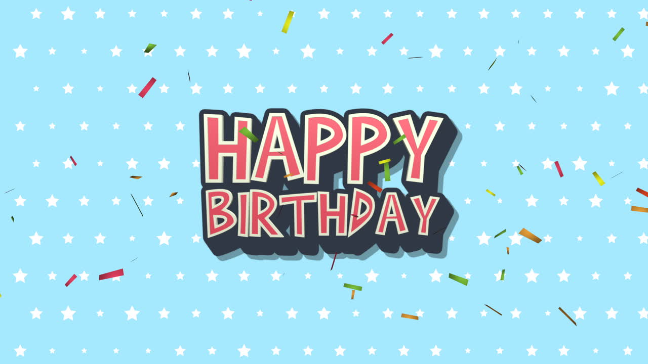 primer plano animado texto de feliz cumpleaños con confeti en el fondo de vacaciones