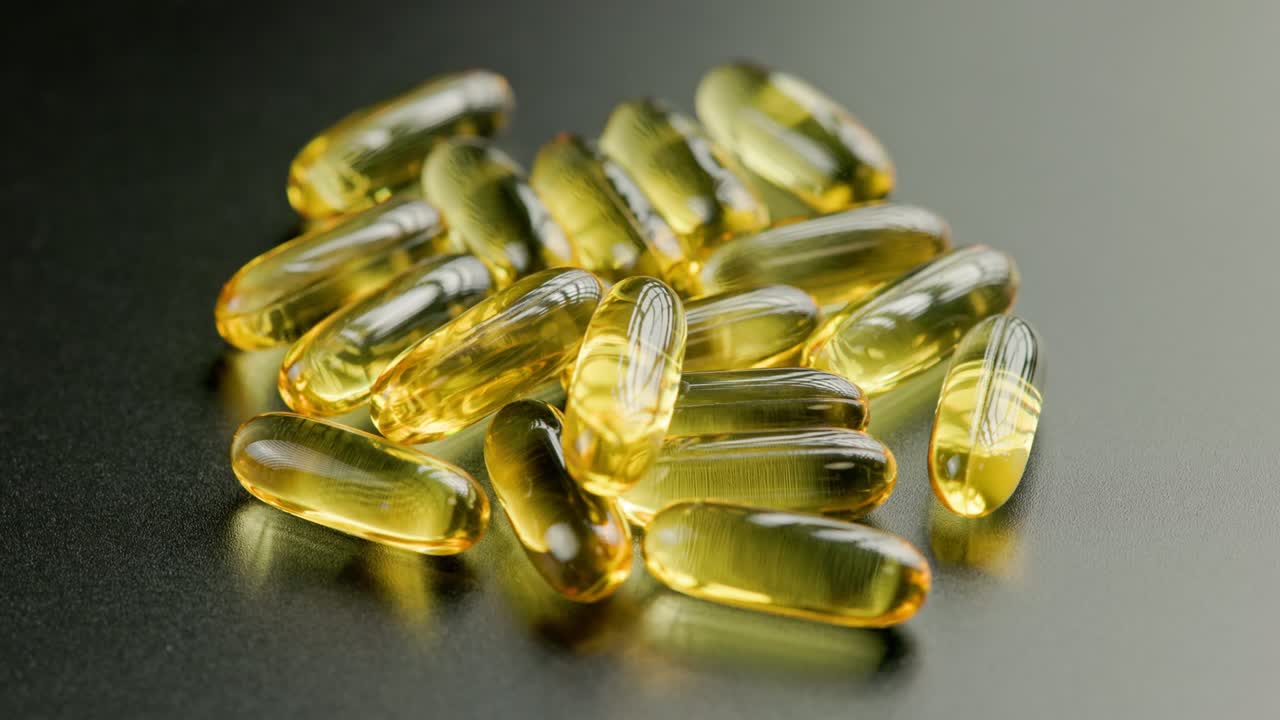 grupo de pastillas transparentes doradas con medicamento líquido girando en la superficie negra