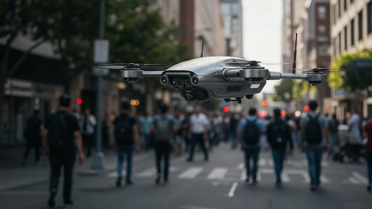 A Modern Drone Captures Urban Life: An Innovative Perspective on City Exploring from Above and at Street Level as People Navigate Through the Busy Streets