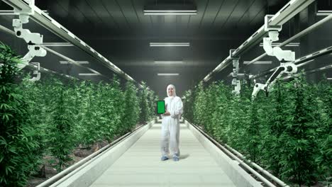 full body of asian marijuana researcher smiling and showing green screen tablet to camera while standing in the marijuana greenhouse with smart robotic farmers