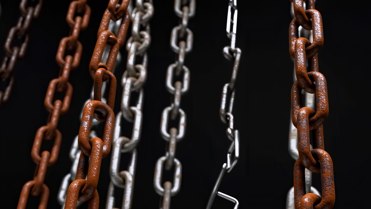 Hanging Rusted And Polished Metal Chains Against Black Background, Closeup Study Of Contrasting Textures