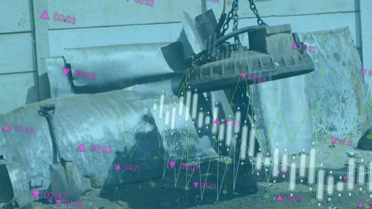animación de gráficos y números que se mueven sobre una grúa magnética contra la pared en un vertedero de basura.