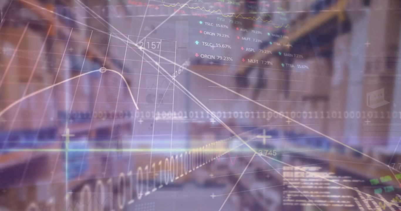 Animação de dados financeiros e gráficos sobre um armazém