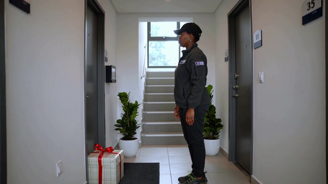 Walking courier in dark jacket and cap placing wrapped gift on mat in apartment hallway, delivering