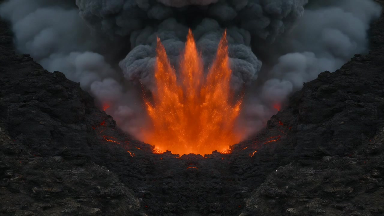 Ein eruptierender Zentralschlot setzt Magma und Asche frei, erzeugt drei Lavastrahlen und Auswurfmaterial im Krater.