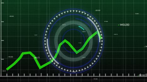 animación del escaneo del alcance sobre la línea verde y procesamiento de datos financieros.