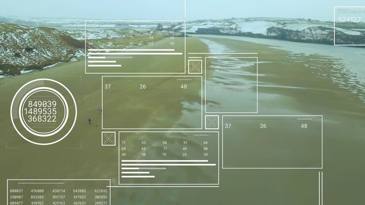 Drone planant vers l’avant, panneaux d’affichage HUD apparaissant et se multipliant, jauge s’étendant et mettant à jour les données de marée