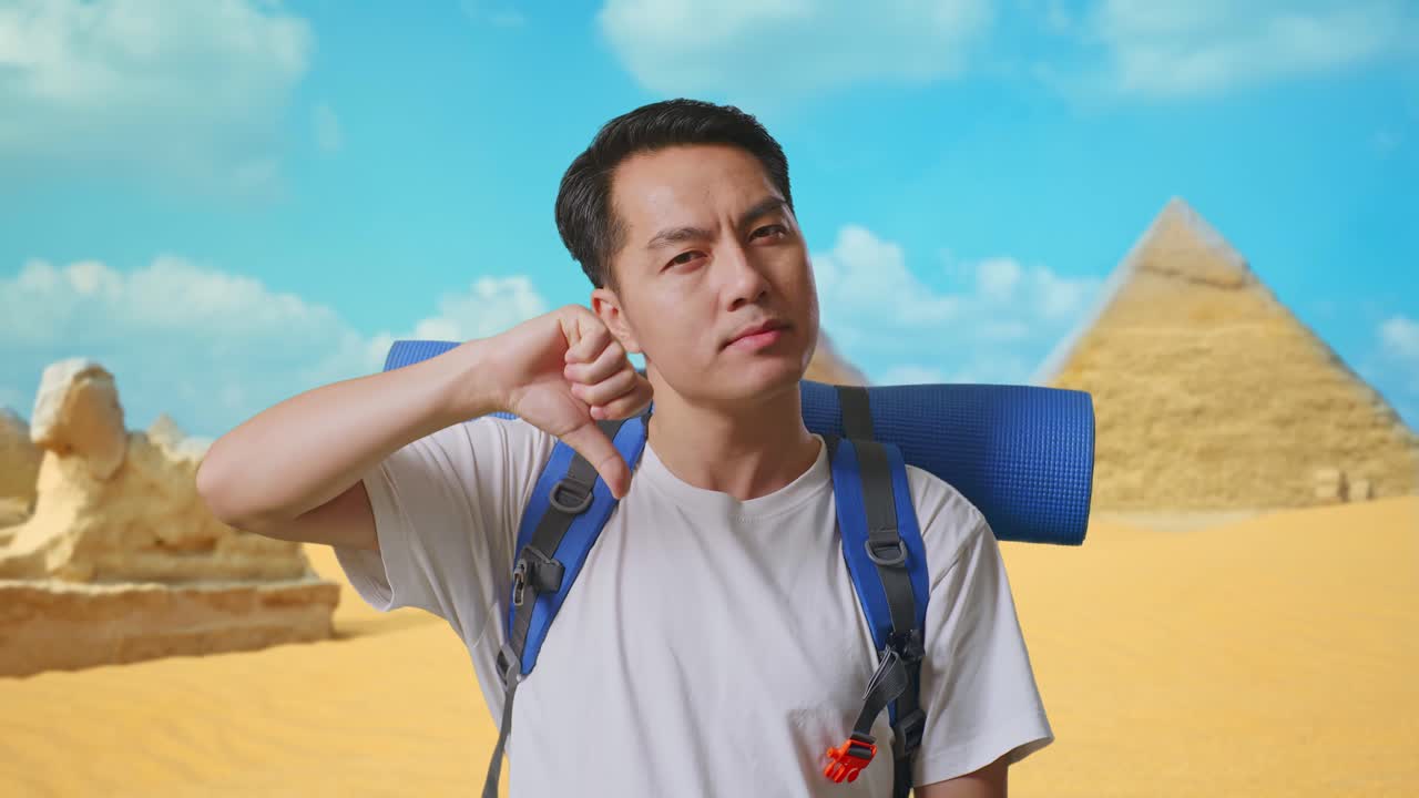 Close Up Of Asian Male Hiker With Mountaineering Backpack Showing Thumbs Down Gesture While Traveling In Pyramid Of Giza