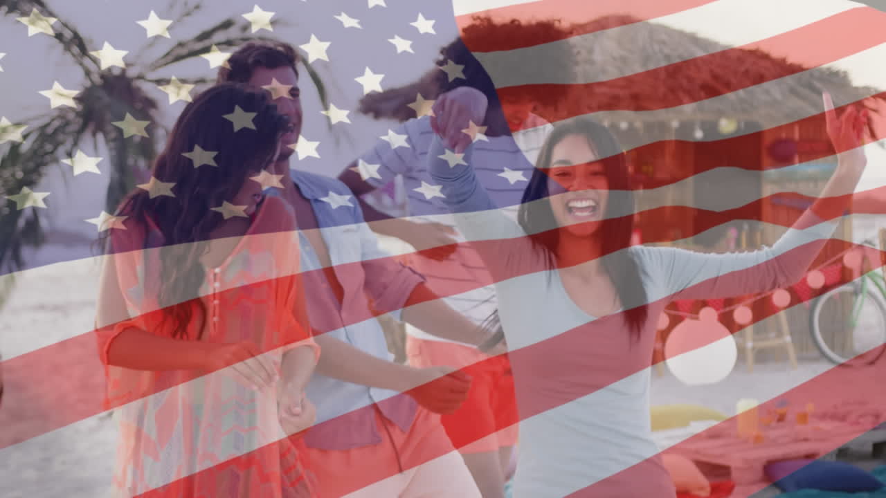 해변에서 춤추는 친구들 위에 흔들리는 미국 국기 애니메이션