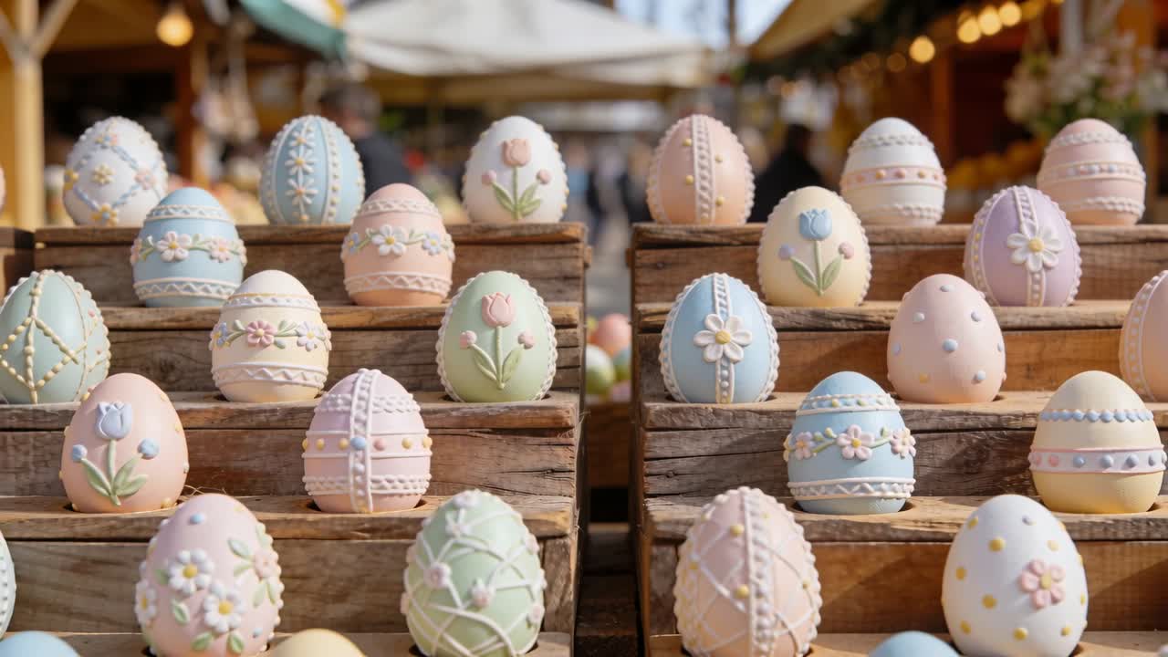 Widening camera revealing decorated pastel eggs arranged on tiered wooden crates at market for sale