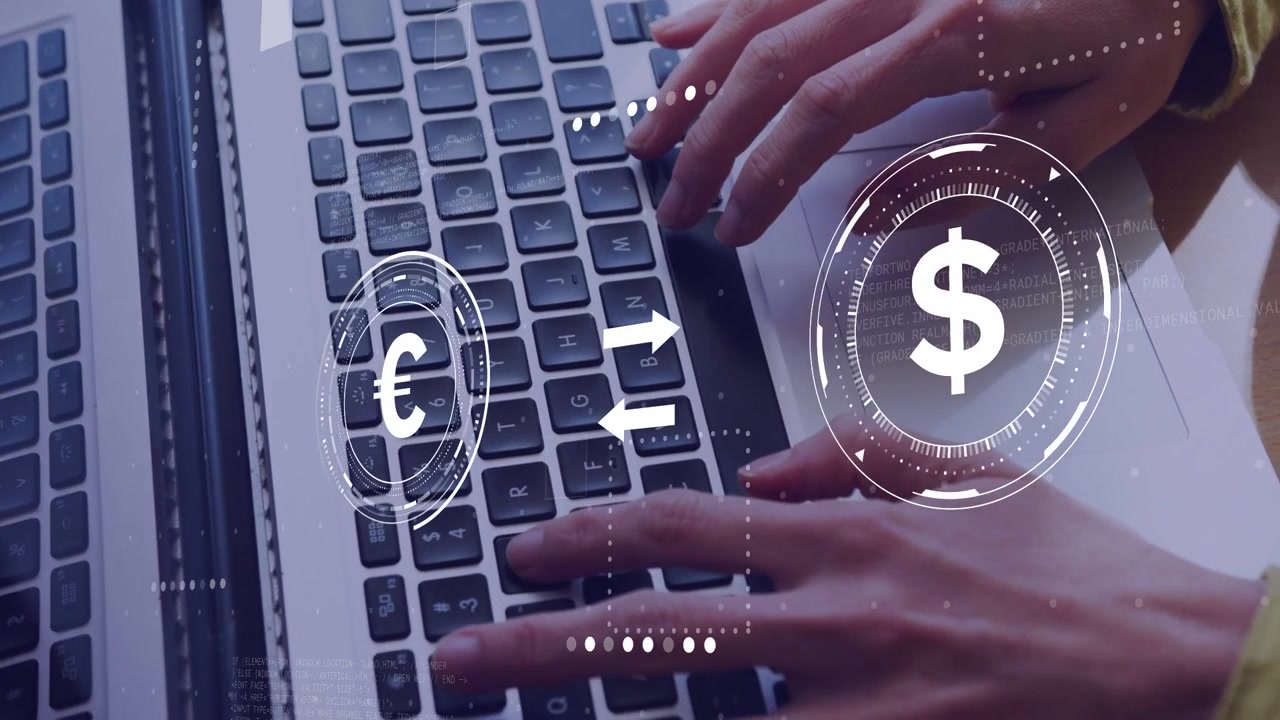 Woman typing on laptop keys, animating euro-dollar HUD, arrows shifting and settling for finance