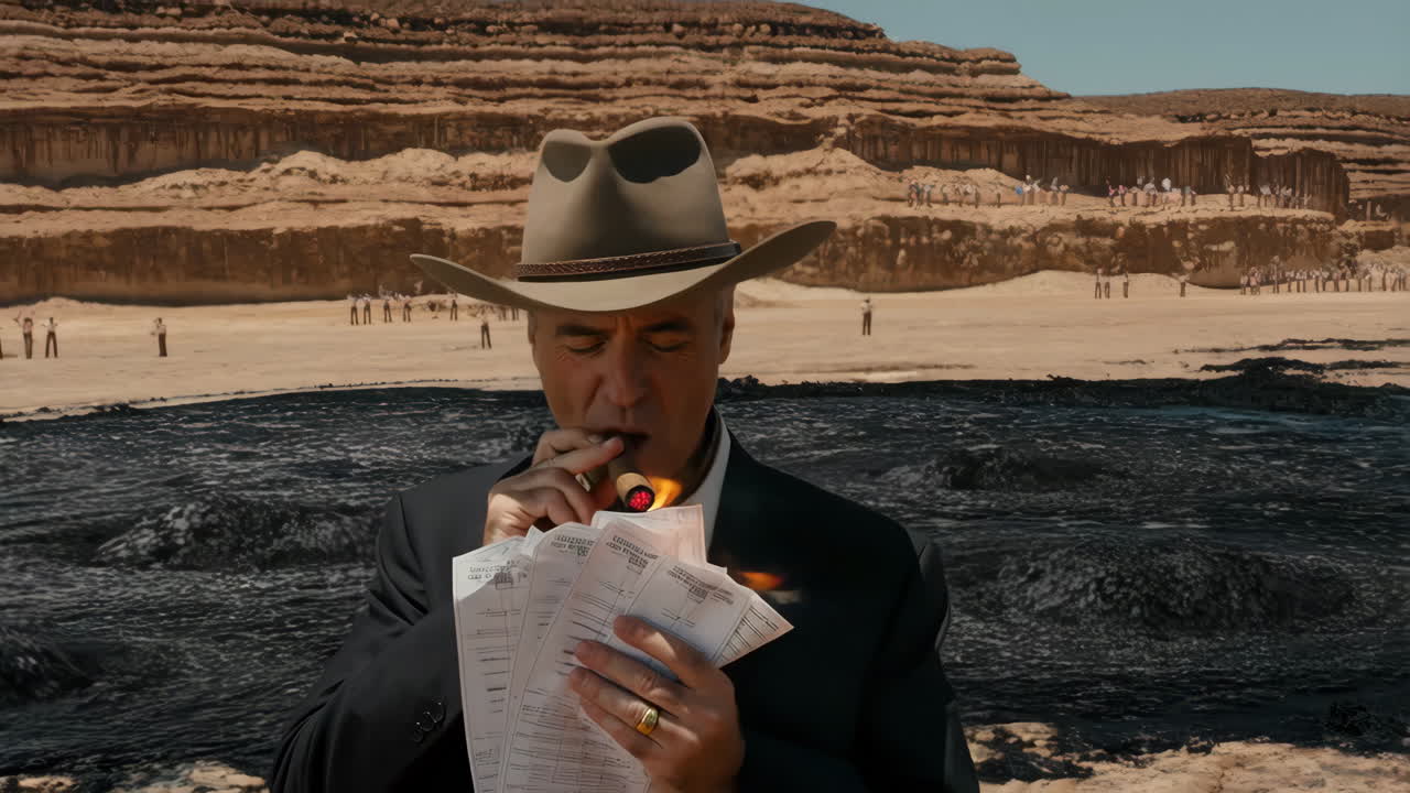 Man in Cowboy Hat Burning Documents with a Cigar in a Desolate Landscape