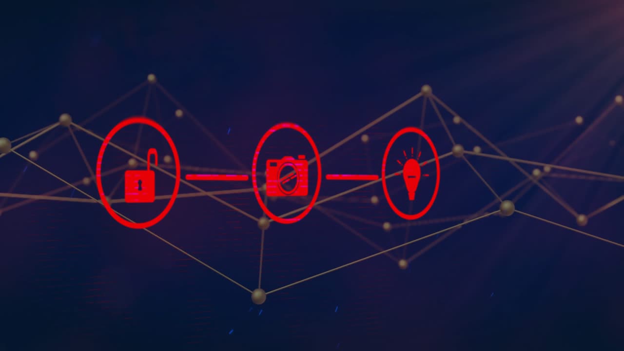 Red padlock, camera, lightbulb icons floating in 3D wireframe network, connecting via golden nodes