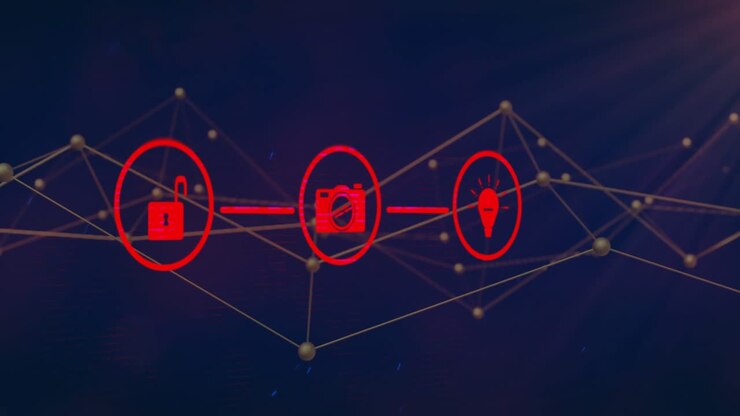 Red padlock, camera, lightbulb icons floating in 3D wireframe network, connecting via golden nodes
