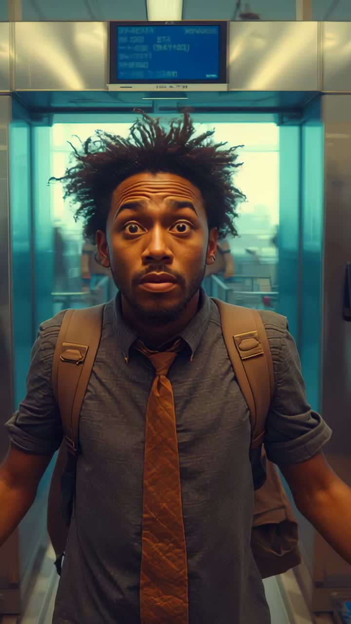 Vertical video: Reacting to display updating, businessman standing at airport, with backpack
