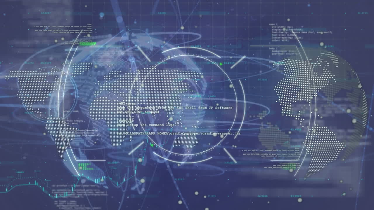 추상적인 배경에 있는 지구상에 대한 컴퓨터 언어에 대한 원의 애니메이션