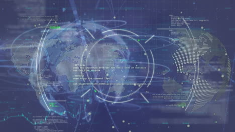 animation of circles over computer language over globes on abstract background