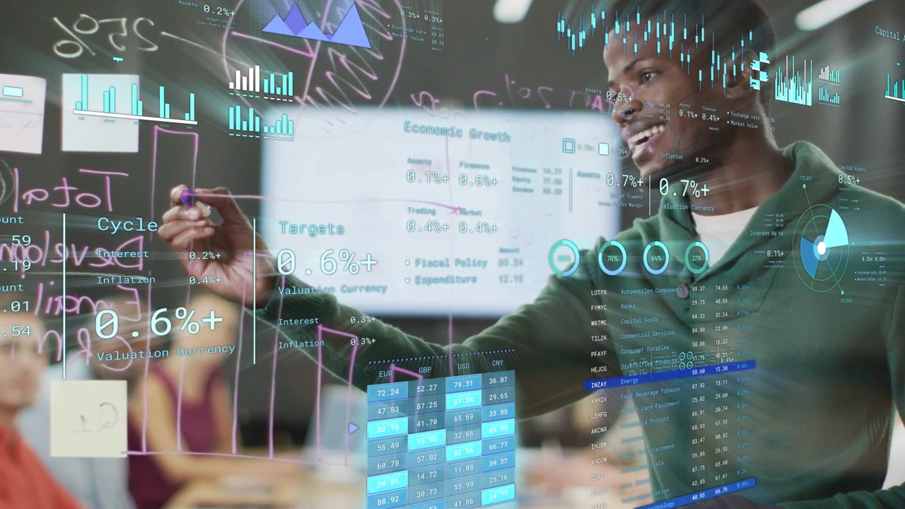 Male lead touching glass board with purple marker, updating data charts and guiding business team