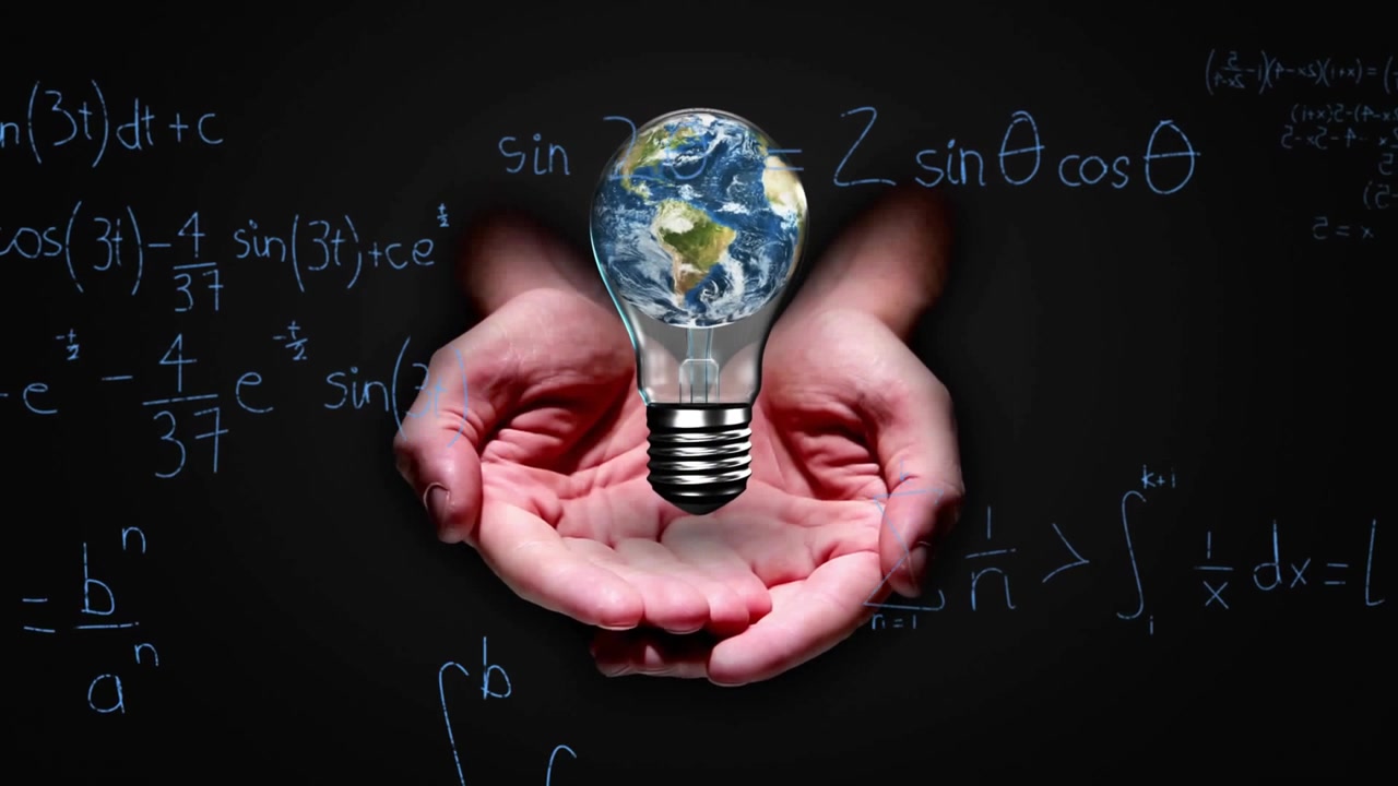 Speck appearing, adult hands cradling globe bulb in dark studio chalk math expanding showing STEM