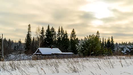 wooden house in the winter forest. beautiful winter landscape, beautiful snowfall. time lapse, video loop