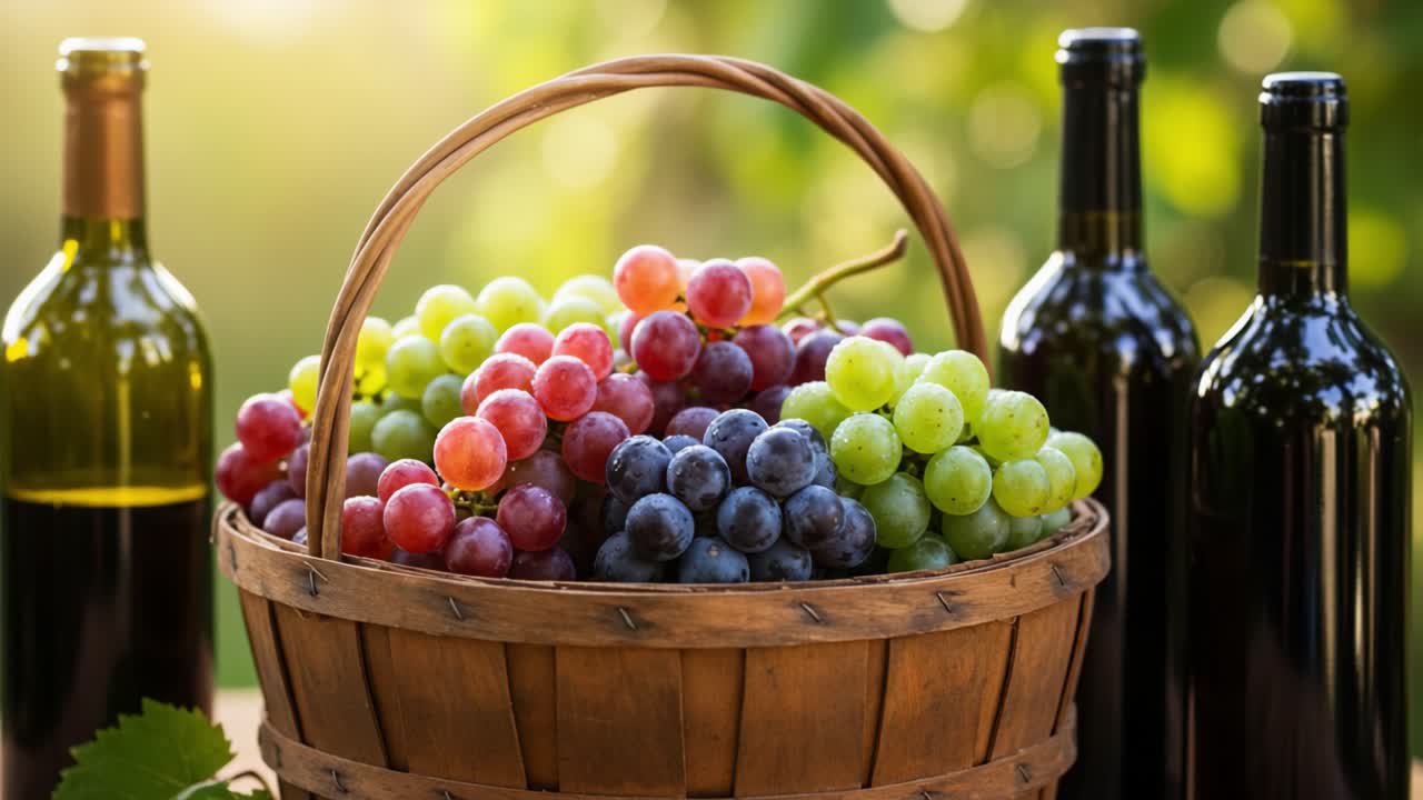 A Vibrant Display of Fresh Grapes in a Rustic Basket Surrounded by Elegant Bottles, Capturing the Essence of a Bountiful Harvest and Nature's Bounty