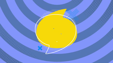 animated yellow speech bubble with blue accents over purple concentric circles background