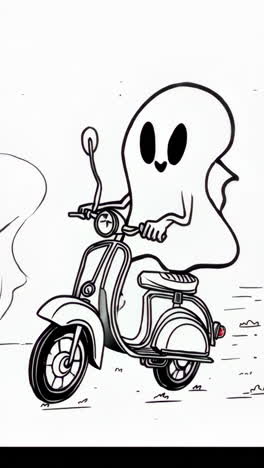 a friendly ghost rides a scooter in a black and white illustration