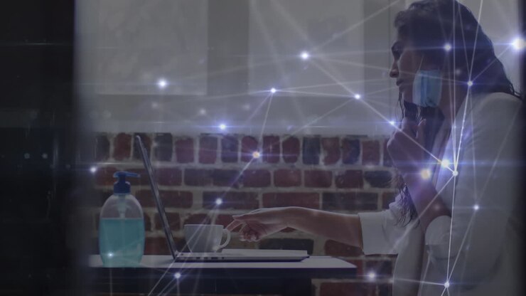 Animation of network of connections over businesswoman in office