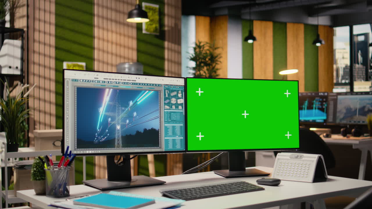 Digital Power Lines Analytics Dashboard On Green Screen Pc Showing Metrics