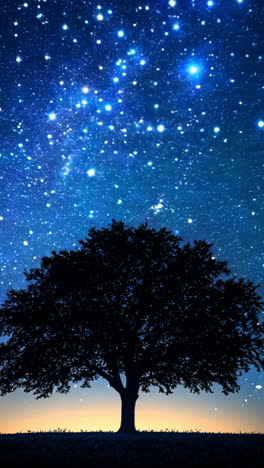 a tree is silhouetted against a starry sky. the sky is dark and the stars are scattered throughout