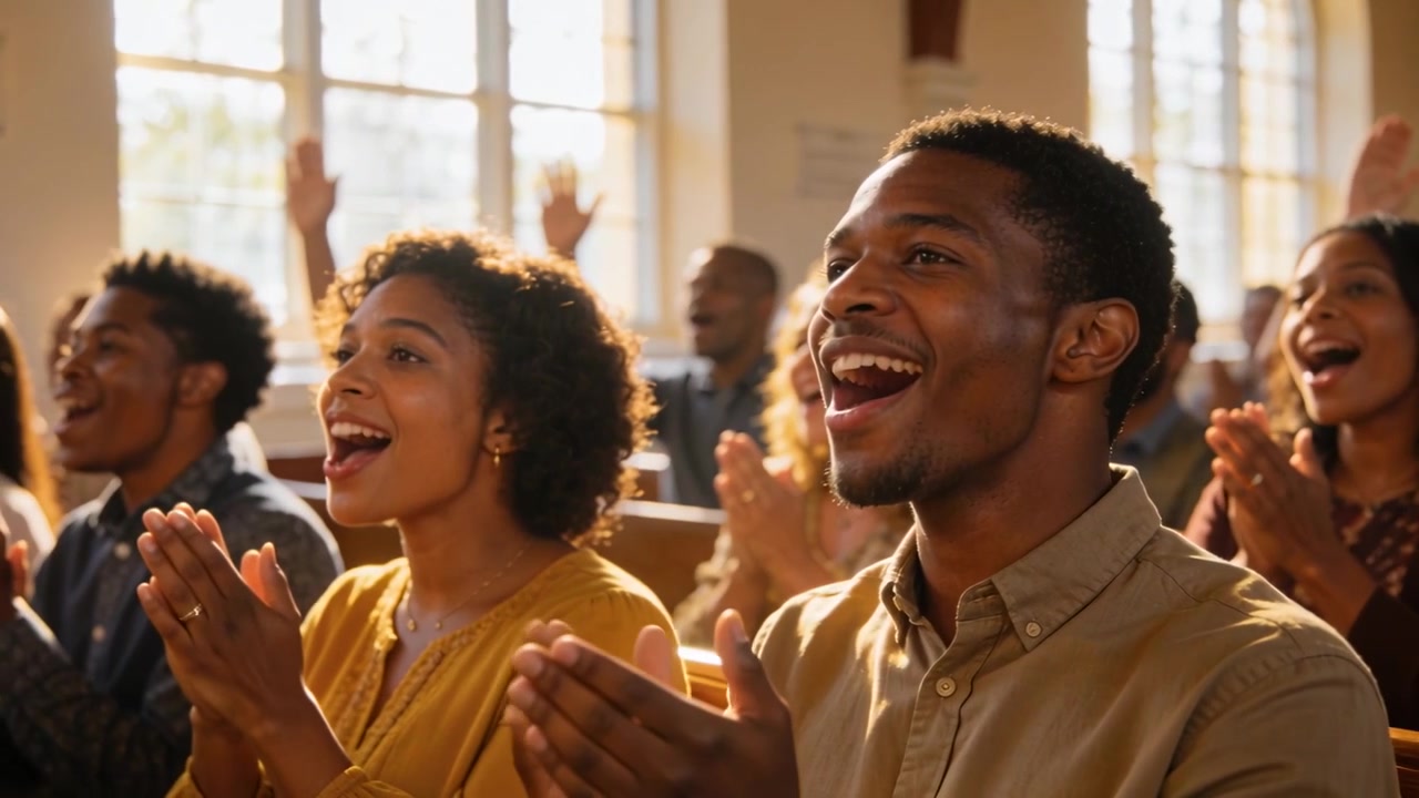 Clapping couple in church singing raising as music starting man beige shirt watch woman yellow top