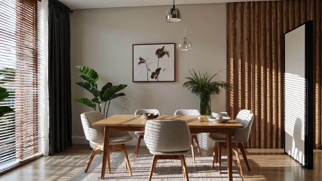 Modern dining room with wooden accents, captured from a wide-angle perspective