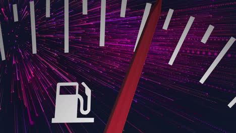 animación del medidor de combustible sobre luces púrpuras y fondo negro.