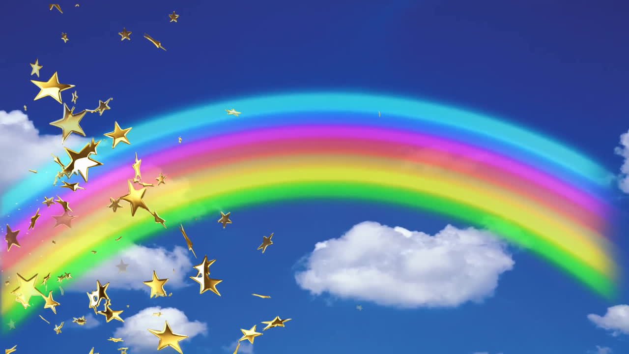 arco iris y estrellas doradas animación sobre el cielo azul con nubes blancas