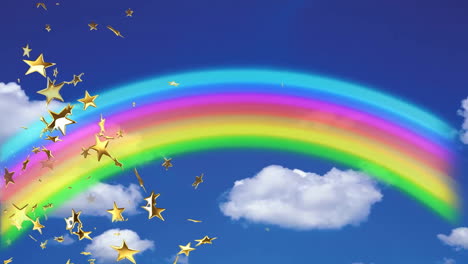 rainbow and golden stars animation over blue sky with white clouds