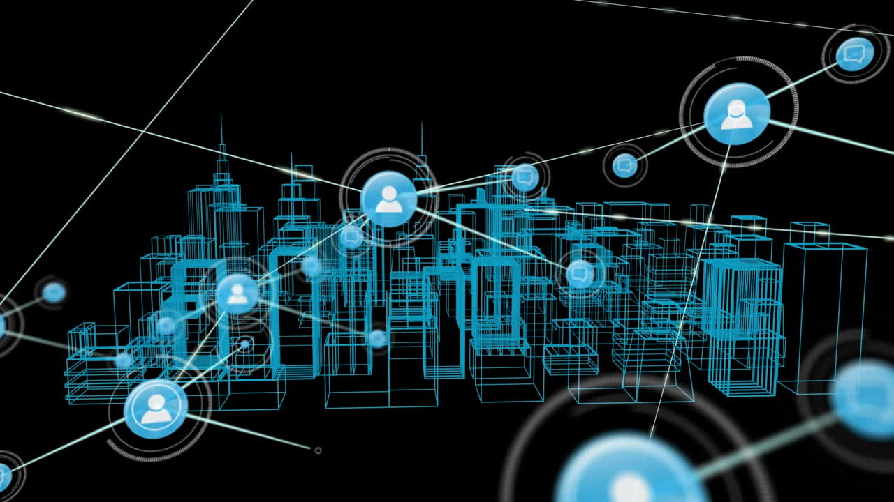 animación de redes de conexiones con iconos sobre el dibujo de la ciudad 3d girando sobre fondo negro