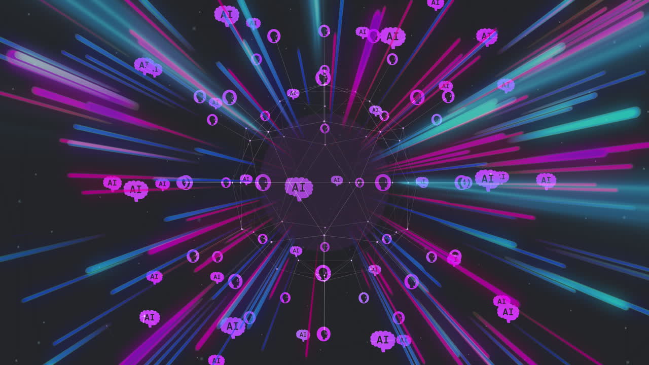Animation of ai data processing, chat icons and network of connections on light trails