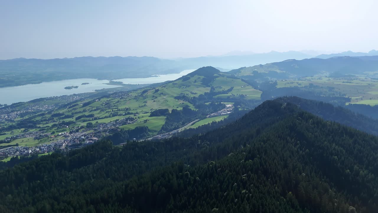 스위스 오베레게리 (oberäger) 에 있는 리히 시 (zurichsee) 와 와일드스피츠 산 (wildspitz mountain) 은 푸른 풍경과 함께 공중에서 볼 수 있다.