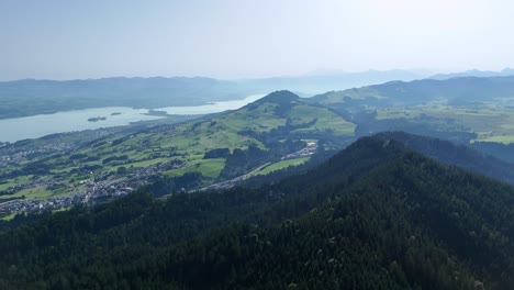 zürichsee and wildspitz mountain in oberägeri, switzerland with lush green landscapes, aerial view