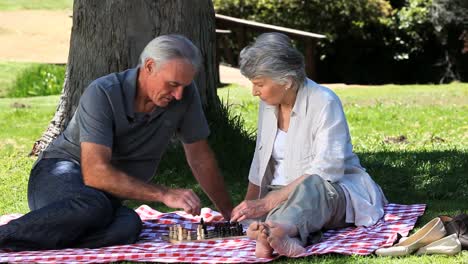 Älteres-Paar-Spielt-Schach-Auf-Einer-Tischdecke