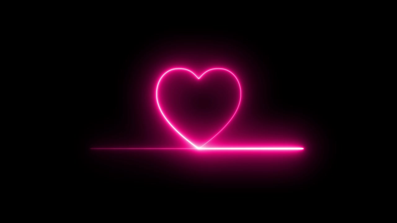 Linea astratta colorata a forma di cuore, simbolo neon fiammeggiante su sfondo nero. Linea neon del battito cardiaco con movimento luminoso