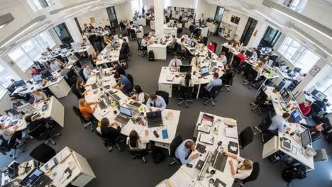 a thriving collaborative workspace: an overview of a busy open-plan office filled with engaged professionals working at their desks on various projects