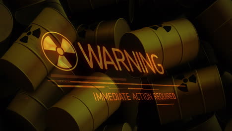 animation of warning text over barrels with radioactive symbol