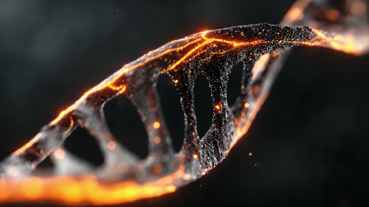 Una Visualizzazione Mozzafiato della Struttura del DNA Illuminata da Particelle Luminose, che Mostra la Complessità e l'Intricatezza del Materiale Genetico in un Affascinante Design Astratto