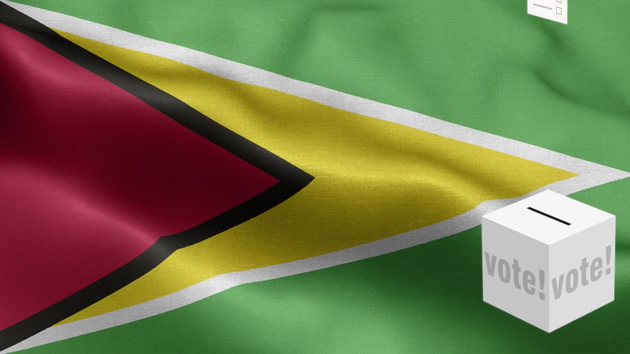 las papeletas vuelan a la caja para la selección de guyana - caja de votación frente a la bandera - elección - voto - bandera de guyana (bandera de guyana) alto detalle - bandera nacional patrón de ondas de guyana elementos loopables - textura de tela y bucle sin fin