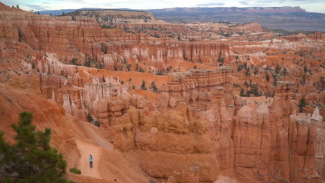 lonely woman walking on hiking trail in bryce canyon national park with stunning view of sandstone cliffs