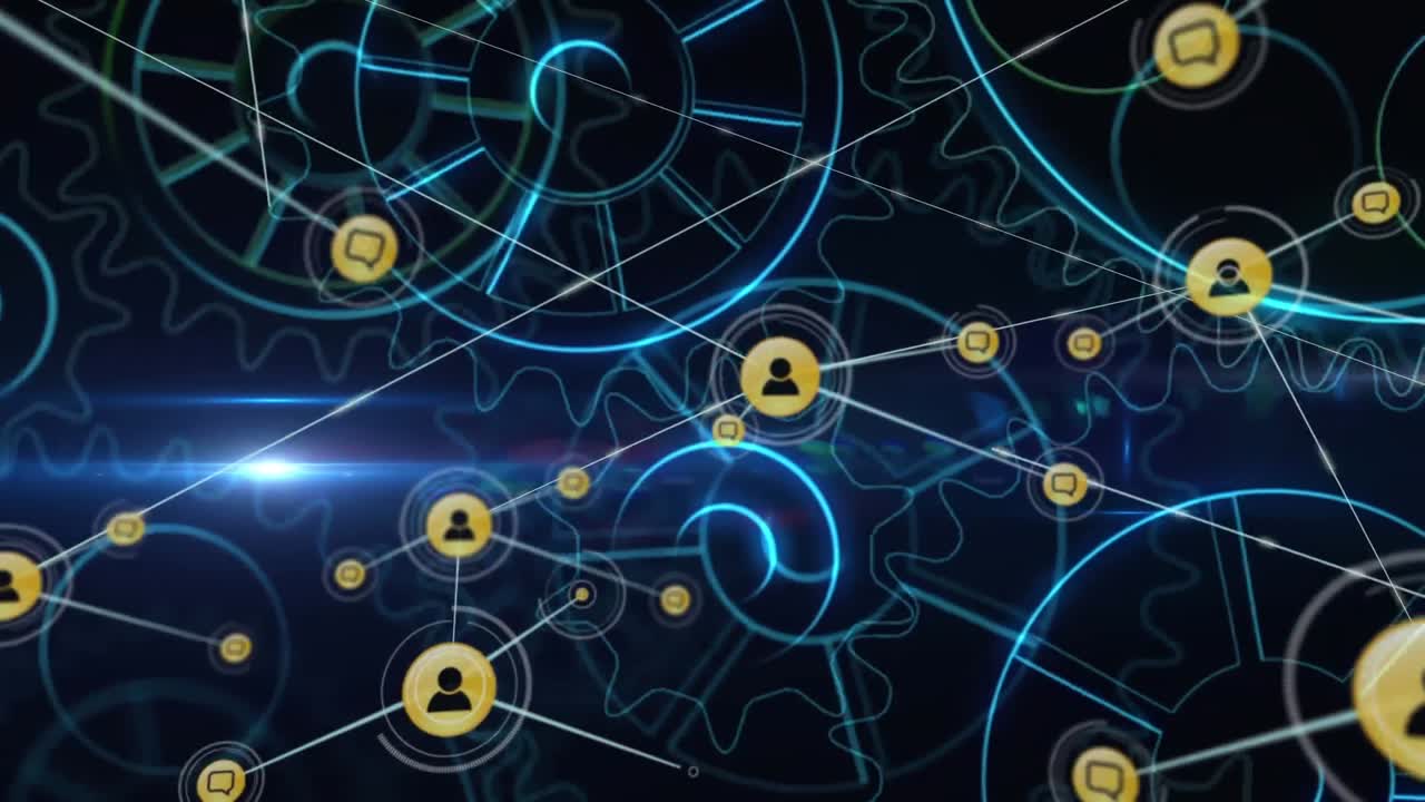 animación de la red de conexiones con iconos sobre engranajes sobre fondo negro