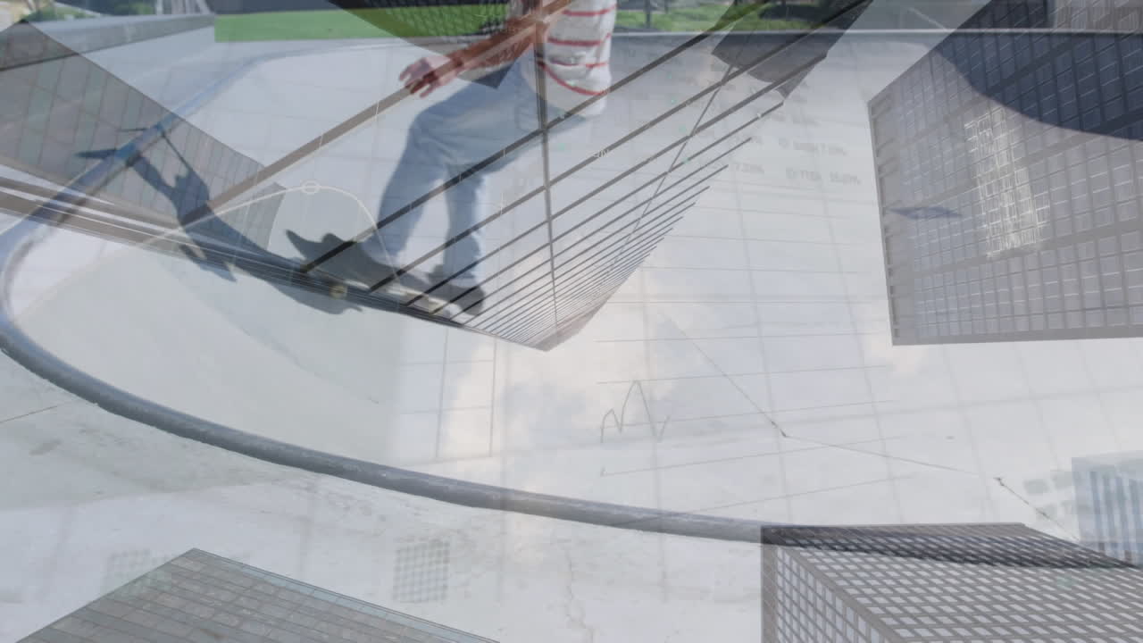 아프리카계 미국인 남자가 도시 풍경 위에서 스케이트보드를 타고 있는 애니메이션