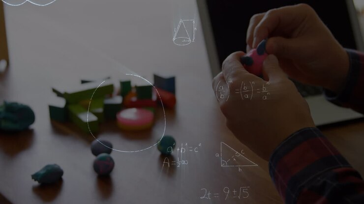 Animación de dibujos y ecuaciones matemáticas sobre un padre y una hija jugando
